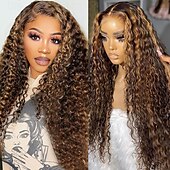 economico Parrucche lace front capelli veri-parrucca con mèches biondo miele parrucca con chiusura in pizzo 4x4 parrucche per capelli umani a onda profonda