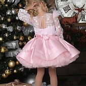 baratos Vestidos de Festa-Infantil Para Meninas Vestido de festa Côr Sólida Manga Longa Espetáculo Com Transparência Princesa Doce Com Transparência Longuette Vestido da bainha Vestido De Tule Verão Primavera Outono Crianças