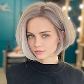 cheap Older Wigs-Women&#039;s Short Style Straight Gray Highlights Hair Wigs Short Stylish Fluffy Layer Wig Natural Middle Part Heat Resistant Wigs for Women with Bangs
