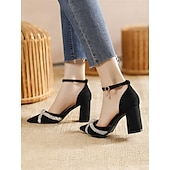 preiswerte Halbformell-Schwarze Pumps mit Blockabsatz für Damen mit Strass-überkreuztem Riemchen und Fußkettchen – elegante Schuhe mit spitzer Spitze für formelle Anlässe