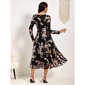 cheap Cocktail Dress-Women&#039;s A-Line Midi Dress Long Sleeve Sequins Floral Elegant Black Semi-Formal Sparkly Shimmer Skirt Round Neckline Wedding Party Theater Event Spring Fall Fashion Clothing Apparel S M L XL XXL