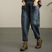 abordables Pantalones-Mujer Normal Vaqueros Pantalones Harem Moda Ropa de calle Clásico Longitud total Alta cintura Color sólido Bolsillo Transpirable Suave Microelástico Exterior Casual [negro] Azul Piscina Primavera