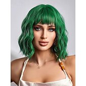 economico Parrucche di Carnevale-parrucca con frangia parrucche corte ondulate per donne lunghezza spalle parrucche caschetto riccio parrucche sintetiche resistenti al calore per feste di natale parrucche cosplay uso quotidiano per