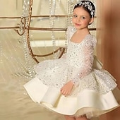 baratos Vestidos de Festa-Infantil Para Meninas Vestido de festa Côr Sólida Manga Longa Espetáculo Com Transparência Princesa Doce Com Transparência Longuette Vestido da bainha Vestido De Tule Verão Primavera Outono Crianças