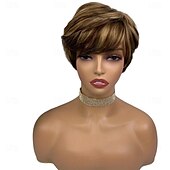 abordables Perruques sans bonnet-perruque coupe lutin avec frange courte droite couleur mixte remy cheveux humains brésiliens sans colle perruque entièrement fabriquée à la machine