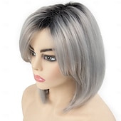 voordelige oudere pruik-korte grijze pruiken voor vrouwen bob pruik natuurlijke rechte pruik zijscheiding haar voor dagelijks feest cosplay