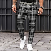 billiga Smal-Herr Rutig Kostymbyxor Medium Midja Business Casual Formell Vardag Dragkedja Ficka Sommar Vår Höst 3D-tryck Svart Grå