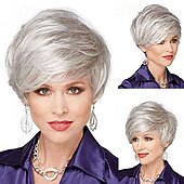 economico parrucca più vecchia-parrucca alla moda da donna, capelli sintetici grigi argentati, parrucche corte, parrucca riccia, parrucche sintetiche naturali soffici per l&#039;uso quotidiano alle feste