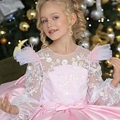 baratos Vestidos de Festa-Infantil Para Meninas Vestido de festa Côr Sólida Manga Longa Espetáculo Com Transparência Princesa Doce Com Transparência Longuette Vestido da bainha Vestido De Tule Verão Primavera Outono Crianças