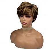 abordables Perruques sans bonnet-perruque coupe lutin avec frange courte droite couleur mixte remy cheveux humains brésiliens sans colle perruque entièrement fabriquée à la machine