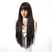 baratos Perucas Sintéticas sem Touca-Perucas sintéticas Uniformes Trajes de carreira Princesa Liso Kinky Liso Parte do meio Corte em Camadas Com Franjas Fabrico à Máquina Peruca 30 polegadas Castanho Escuro Cabelo Sintético Mulheres