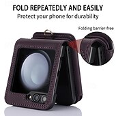 baratos Capa Samsung-telefone Capinha Para Z Flip 7 Z Virar 6 Z Flip 5 Z Flip 4 Z Flip 3 Capa traseira Com Suporte Zíper com cordão Retro TPU Couro PU