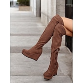 baratos Botas da moda-botas femininas acima do joelho, plataforma marrom com zíper lateral – textura de camurça sintética e plataforma confortável para looks casuais e estilosos
