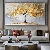 preiswerte Blumen-/Botanische Gemälde-großes 100% handgemaltes goldenes Baum-Ölgemälde auf Leinwand goldenes Blumenbaum-Ölgemälde groß abstrakt strukturiert goldgelb Lebensbaum-Wandkunst individuell modern trendiges Wohnzimmerdekor