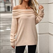 voordelige Effen kleuren-Dames Trui Streetwear Dagelijks Casual Effen Kleur Wijde col Gebreid Lange mouw Normale tops breien Werk Blozend Roze Khaki Herfst Winter