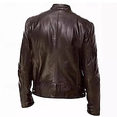 cheap Faux Leather Jackets-Men&#039;s Faux Leather Jacket Transition Jacket Biker Jacket Street Casual Thermal Warm Windproof Zipper Spring Fall Solid Color Pocket Vintage Fashion Stand Collar Regular Faux Leather Slim Fit Silver