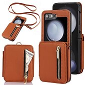 baratos Capa Samsung-telefone Capinha Para Z Flip 7 Z Virar 6 Z Flip 5 Z Flip 4 Z Flip 3 Capa traseira Com Suporte Zíper com cordão Retro TPU Couro PU