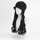 abordables Pelucas sintéticas de moda-Gorro con peluca y extensiones de pelo largo y ondulado, gorro de punto con pompón para mujer, color negro, para invierno