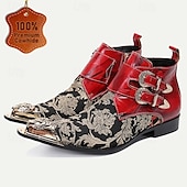 cheap Premium Leather Boots-Men&#039;s Floral Jacquard Leather Ankle Boots – Premium Cowhide, Red and Black Brocade Design with Double Buckle Straps and Gold-Tipped Decorative Toes