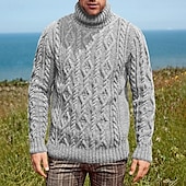 baratos suéter pulôver masculino-Homens Pulôver suéter Suéter de malha Pulôver masculino gola alta Estriado Cabo Tricotar Padrão Tricotado Tecido Gola Alta Moda Básico Roupa Diária Encontro Roupa Outono &amp; inverno Verde Tropa Azul