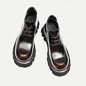 baratos Botas de couro premium-Botas masculinas de couro envernizado marrom com cadarço grosso - sapatos sociais casuais de grife com sola robusta para moda urbana