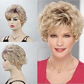 economico parrucca più vecchia-parrucche bionde corte e ricce per vecchie signore parrucca ondulata per donne parrucca sintetica con capelli naturali per costume cosplay festa quotidiana