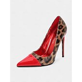 abordables Talons Aiguilles-talons aiguilles imprimé léopard pour femmes – escarpins à bout pointu en cuir verni rouge pour fêtes et événements nocturnes