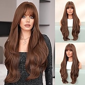 billige Syntetiske trendy parykker-lang våt bølget parykk med smell varmebestandig fiber syntetisk curly bangs parykk for kvinner jenter daglig fest jul reise brukt