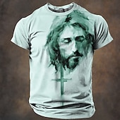 cheap Faith T shirts-Christmas Men&#039;s Jesus T shirt Short Sleeve T shirt 3D Print Crew Neck Shirt Retro Vintage Casual Street Style Christmas Sports Outdoor Holiday Light Blue Light Green Light Brown Spring &amp; Summer