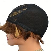 abordables Perruques sans bonnet-perruque coupe lutin avec frange courte droite couleur mixte remy cheveux humains brésiliens sans colle perruque entièrement fabriquée à la machine