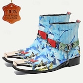 abordables Botas de cuero de primera calidad-Botines de piel de vacuno de primera calidad para hombre: botas de motociclista estilo western con estampado de serpiente colorido y puntera metálica