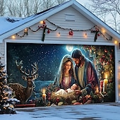 abordables Cubiertas navideñas para puertas de garaje-Adornos navideños para puertas, cubierta para puertas de garaje, belén, pancarta navideña para exteriores, gran telón de fondo navideño para puertas de garaje, decoraciones de pared para el hogar,