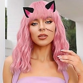 economico Parrucche di Carnevale-parrucca con frangia parrucche corte ondulate per donne lunghezza spalle parrucche caschetto riccio parrucche sintetiche resistenti al calore per feste di natale parrucche cosplay uso quotidiano per