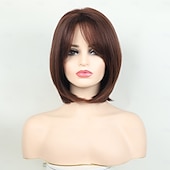 cheap Older Wigs-Shoulder Length Dark Brown Straight Bob Wigs Synthetic Medium Length Bob Hair Wig Halloween Costume Wigs for Women