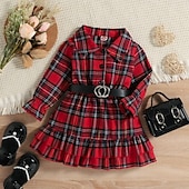 cheap Casual Dresses-Kids Girls&#039; Dress Plaid Long Sleeve Performance Party Patchwork Adorable Daily Polyester Midi Casual Dress Spring Fall 4 years+ Red