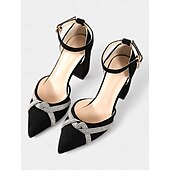 preiswerte Halbformell-Schwarze Pumps mit Blockabsatz für Damen mit Strass-überkreuztem Riemchen und Fußkettchen – elegante Schuhe mit spitzer Spitze für formelle Anlässe