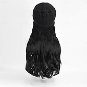 abordables Pelucas sintéticas de moda-Gorro con peluca y extensiones de pelo largo y ondulado, gorro de punto con pompón para mujer, color negro, para invierno