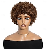 economico Parrucche di capelli veri senza cuffia-parrucche brasiliane corte pixie afro ricce e crespe per donne parrucca bob castana senza colla con frangia parrucca di capelli umani da 6 pollici
