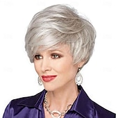 economico parrucca più vecchia-parrucca alla moda da donna, capelli sintetici grigi argentati, parrucche corte, parrucca riccia, parrucche sintetiche naturali soffici per l&#039;uso quotidiano alle feste