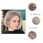 cheap Older Wigs-Women&#039;s Short Style Straight Gray Highlights Hair Wigs Short Stylish Fluffy Layer Wig Natural Middle Part Heat Resistant Wigs for Women with Bangs