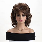 abordables perruque plus âgée-perruque synthétique bouclée avec frange perruque fabriquée à la machine cheveux synthétiques courts bruns pour femmes mode douce facile à transporter