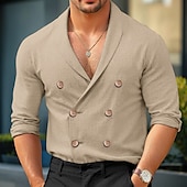 cheap Men&#039;s  Overshirts-Men&#039;s Shirt Linen Shirt Solid Color Formal Party Evening Wear White Navy Blue Khaki Long Sleeve Shawl Collar Spring &amp;  Fall Cross-Seasons Clothing Apparel Buttons