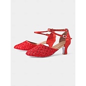 abordables Chaussures de danses latines-chaussures de danse en dentelle dorée pour femmes avec bride croisée et semelle en daim – talons confortables pour les événements de danse de salon et latine