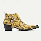 cheap Premium Leather Boots-Men&#039;s Yellow Snakeskin Leather Motorcycle Boots – Western Style Pointed Toe Ankle Boots with Buckle Straps for Bold Fashion Statements