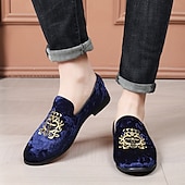 abordables Casual-Mocasines de terciopelo azul marino para hombre con bordados dorados: elegantes zapatos sin cordones para eventos formales y fiestas