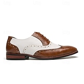 abordables Zapatos Brogue-Zapatos Oxford con punta de ala en marrón y blanco para hombre, zapatos de vestir vintage de cuero genuino inspirados en Gatsby para fiestas, bodas y eventos formales de la década de 1920.