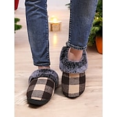 baratos Chinelos de mulher-chinelos femininos confortáveis com forro de lã xadrez - chinelos de casa com padrão xadrez de búfalo vermelho e preto com gola de pele sintética para conforto no inverno