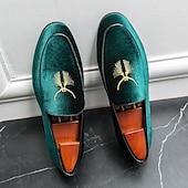 お買い得  セミフォーマル-ゴールドの刺繍が施されたメンズグリーンベルベットローファー - フォーマルなイベントや結婚式に最適な豪華なスリッポンシューズ
