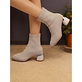 preiswerte Stiefeletten-beigefarbene Sock-Stiefeletten für Damen mit metallischem Blockabsatz – elastisches Strickgewebe und modernes Design für lässige und stylische Looks