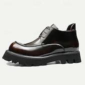 baratos Botas de couro premium-Botas masculinas de couro envernizado marrom com cadarço grosso - sapatos sociais casuais de grife com sola robusta para moda urbana